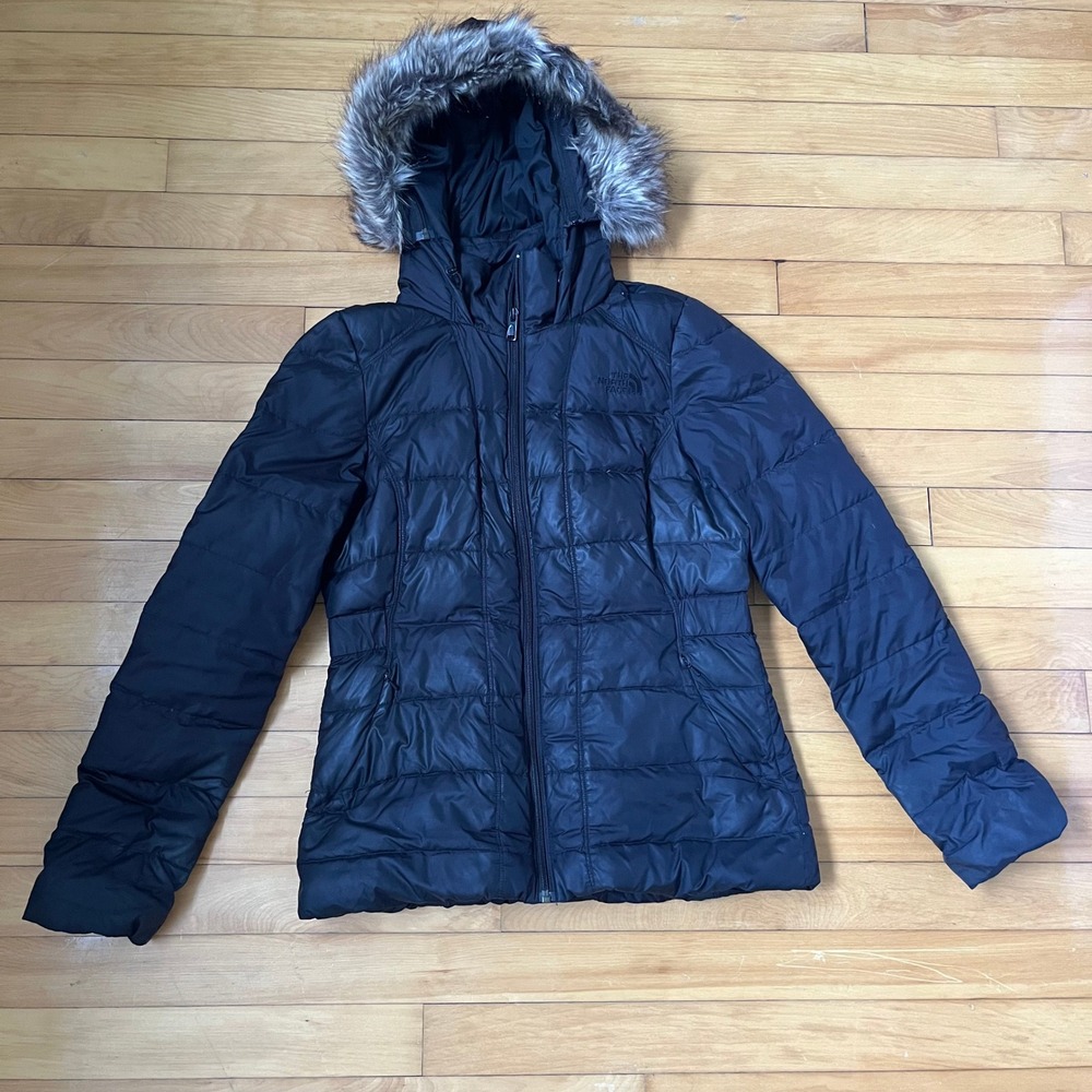 The North Face Gotham Black Down Puffer Jacket Faux Fur Hood Womens Small